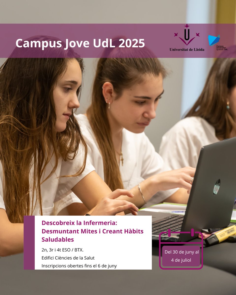campusigualada's tweet photo. 🎓 Arriba el #CampusJoveUdL 2025!
📍 3 Cursos al Campus d'Igualada-Udl, per a joves de 2n d’ESO a Batxillerat

🧪 Infermeria, química i simulació clínica

📅 Del 30/06 a l’11/07
📲 Inscripcions fins al 6/06: https://t.co/MV9xaiF1s8

#Igualada #Estiu2025 https://t.co/PNxWqcItbo