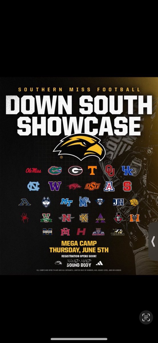 Devin Snow (@devinsnow_3) on Twitter photo I will be attending Southern Miss mega camp June 5th.
<a href="/CoachLeeMarks/">Lee Marks</a> <a href="/RSilverfield/">Ryan Silverfield</a> <a href="/CGruda1/">Caleb McGruder</a> <a href="/CoachWrightPerk/">Jack Wright</a> <a href="/coach_HarrisT/">Tyler Harris</a> <a href="/Coach_OC14/">Omarr Conner</a> <a href="/Earvin_Moore/">Earvin Moore</a> I will be attending Southern Miss mega camp June 5th.
<a href="/CoachLeeMarks/">Lee Marks</a> <a href="/RSilverfield/">Ryan Silverfield</a> <a href="/CGruda1/">Caleb McGruder</a> <a href="/CoachWrightPerk/">Jack Wright</a> <a href="/coach_HarrisT/">Tyler Harris</a> <a href="/Coach_OC14/">Omarr Conner</a> <a href="/Earvin_Moore/">Earvin Moore</a>