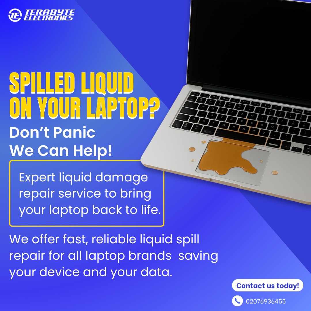 TBElectronic's tweet image. Spilled liquid on your laptop? Don’t wait—every second counts! Bring it to Terabyte Electronics for expert diagnosis and repair.

#LiquidDamageRepair #LaptopFix #TechEmergency #TerabyteElectronics #LaptopCare #WaterSpillRepair #SameDayService #TerabyteElectronics #QuickRepair