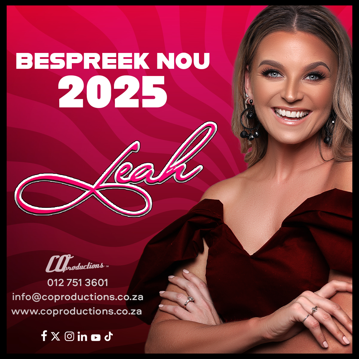 Het jy <a href="/LeahMusiekSA/">Leah</a>  bespreek vir jou funksie? 

Van 'n manneaand tot 'n vroueoggend. Van'n kuierplek tot 'n fees. Van 'n troue tot Mnr. &amp; Mej-funksie - Leah gee sprankel aan enige geleentheid. 

bit.ly/Bespreek-Leah