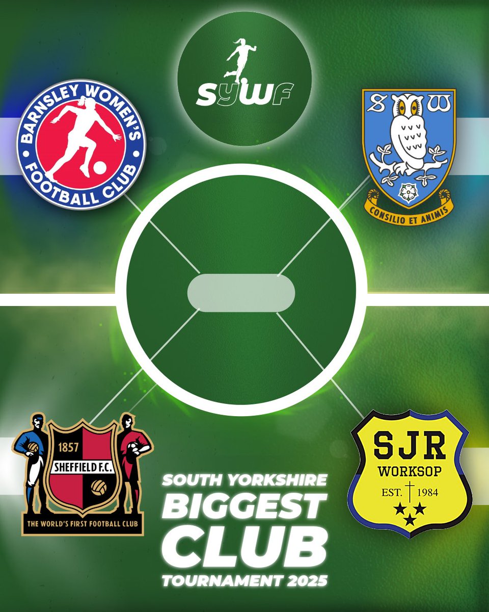 SYWFootball's tweet photo. 🏆 IT’S SEMI-FINAL TIME! 🏆

🌟Here are your final four teams… WHO will be the 2025 #SYWF Biggest Club winner?

• @BarnsleyWFC 
• @ShefWedLadies 
• @SFCWomen 
• @SJRWorksopFC 

🗳️😱 Voting opens soon on our IG story and X feed...

#sheffieldwednesday #barnsleyfc #sheffieldfc https://t.co/0IZRUgNfUc