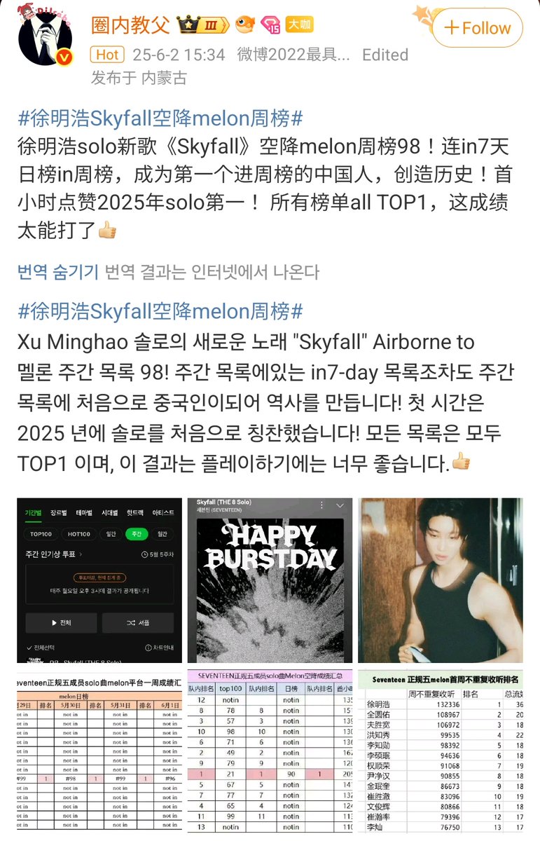 명호가 멜론 주간 차트에 진입한 최초의 중국인이래........