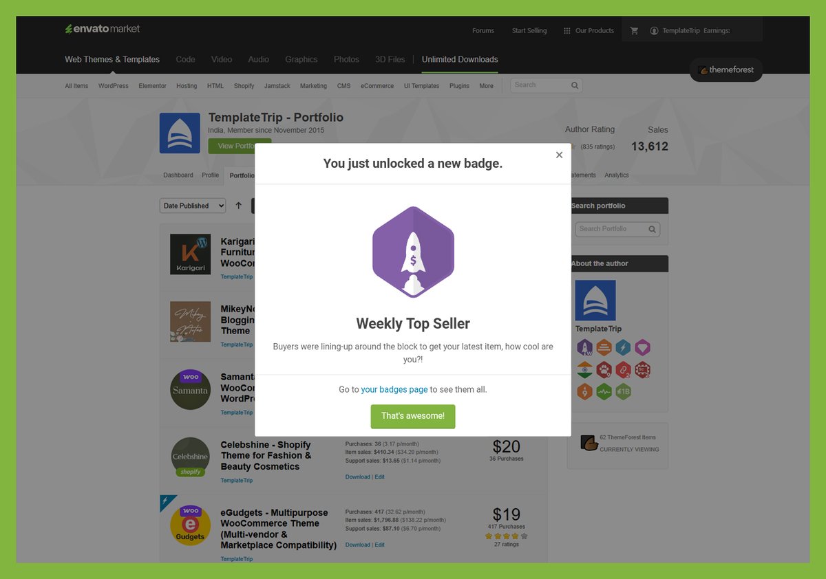 🎉 We’re thrilled to share that we've earned the "Weekly Top Seller" badge on Envato/ThemeForest! 🏆

 Here’s to more creativity, innovation, and success—together! 🚀
1.envato.market/templatetrip
.
.
.
#TemplateTrip #Envato #TopSeller #WooCommerce #WordPress #Shopify #eCommerce