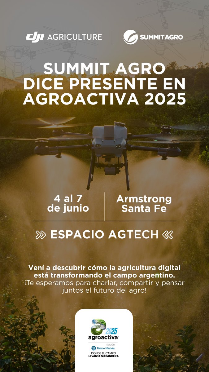 👉 ¡Te esperamos en AgroActiva!
🚀 Acercate a nuestro espacio para conocer todo sobre nuestra línea AgTech y llevate más información sobre el dron Mavic 3 Multiespectral y el dron Agras T50.
🖱️ Por más info e inscripciones al evento: agroactiva.com/agroactiva2025
.
.
.
.
.
#SummitAgro