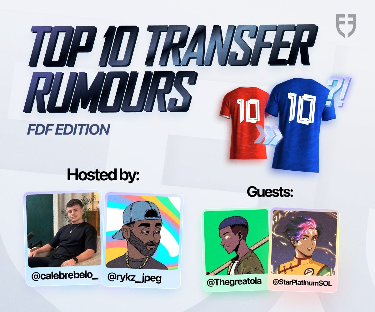 Football.Fun (@footballdotfun) on Twitter photo We are back with another FDF Stream at 2pm UTC today!
This time to discuss all the biggest transfer rumours.
Joined by <a href="/thegreatola/">Ola Ξlixir</a> and <a href="/StarPlatinumSOL/">StarPlatinum</a>. We are back with another FDF Stream at 2pm UTC today!
This time to discuss all the biggest transfer rumours.
Joined by <a href="/thegreatola/">Ola Ξlixir</a> and <a href="/StarPlatinumSOL/">StarPlatinum</a>.