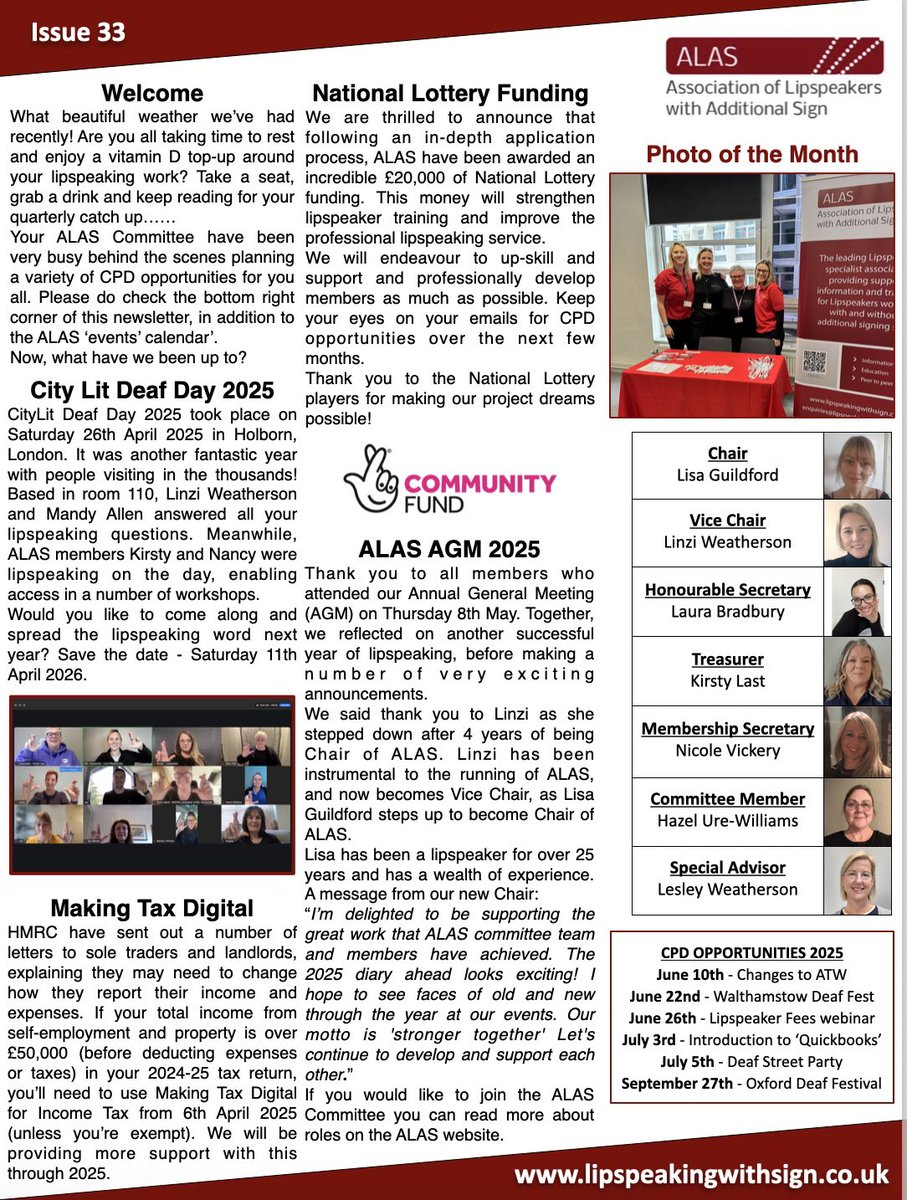 📣ALAS Newsletter - Issue 33 📣

Thank you to the National Lottery players for making our project dreams possible!

#Lipspeaking #LipspeakingWithSign #Lipreader #LipspeakerTraining #CPD #LipspeakerCPD #LipspeakerAwareness #LipspeakerSocial