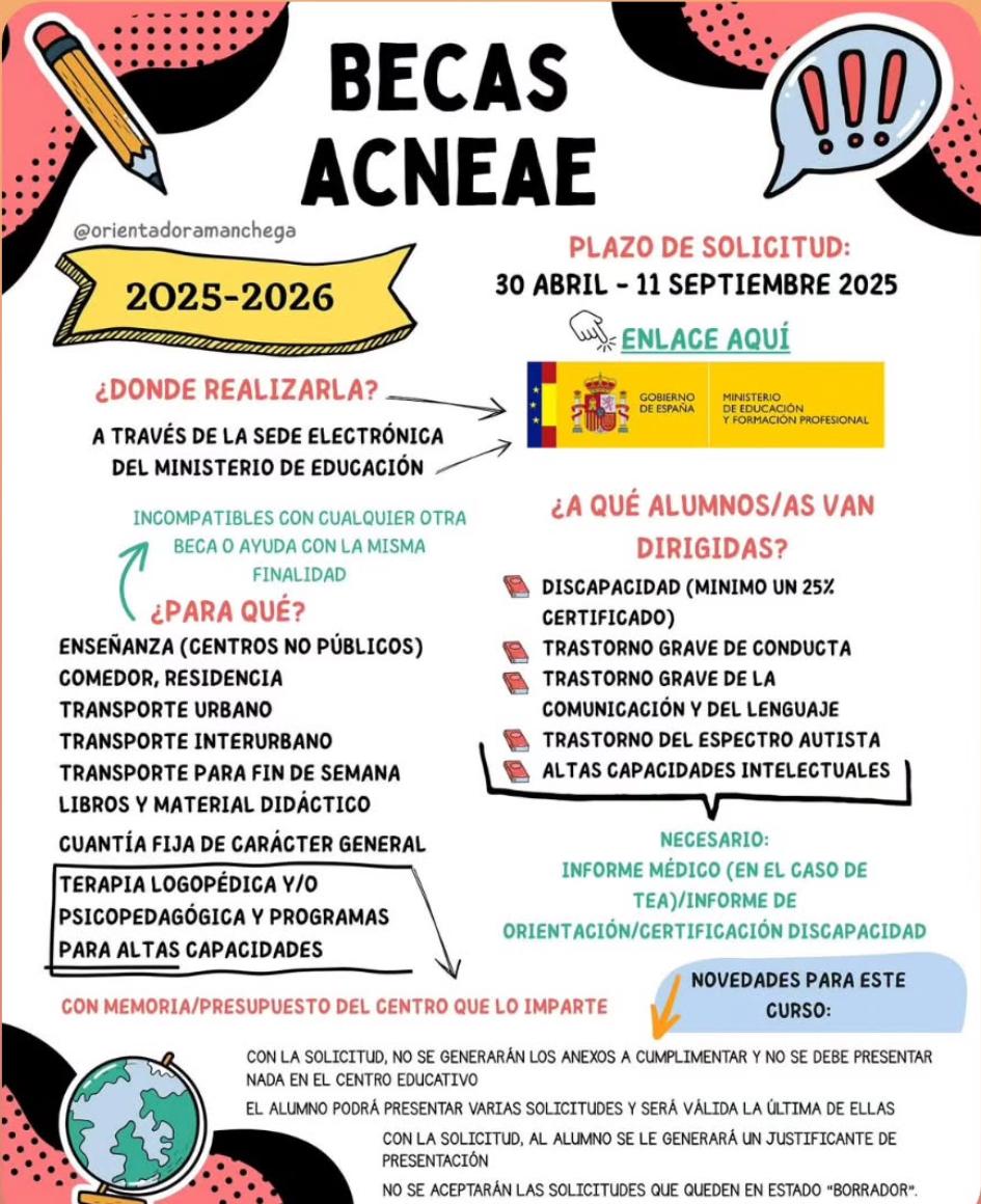 Está abierto el plazo para solicitar las Becas para el alumnado acneae, hasta el 11 de septiembre. Los trámites se realizan online, una vez presentada, deben entregar una copia en la secretaria del centro. #ceipvgyebra #becasacneae