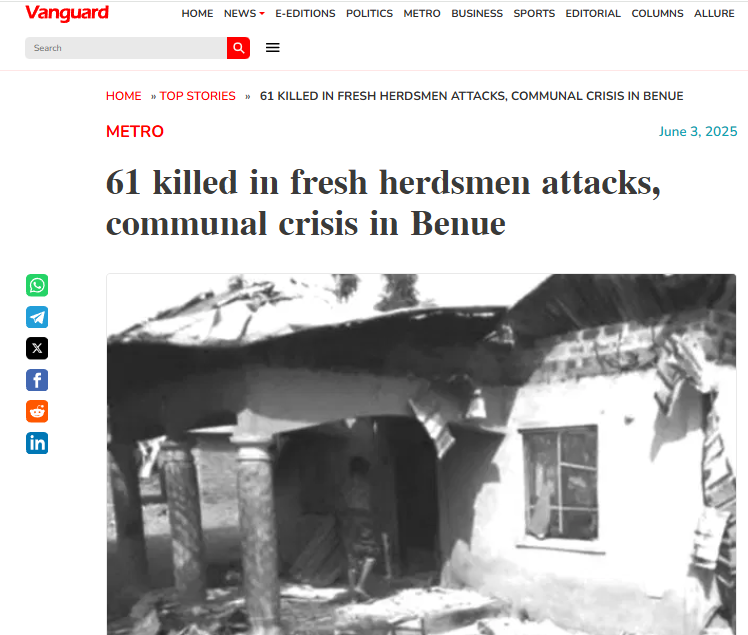 UgoJustrealugo's tweet photo. 61 killed in fresh herdsmen attacks, communal crisis in Benue.
Makurdi—It was a bloody weekend in parts of Benue State, following the killing of over 46 persons by rampaging armed herdsmen in two separate attacks on communities in Apa and Gwer West Local Government areas of the state. This came as no fewer than 15 persons also lost their lives, and closed to 200 houses completely razed in a communal clash between the people of Mbakine and Ojumole, also in Gwer East Local Government Area of the state.

It was gathered from an eyewitness that the crisis in Apa started Sunday afternoon, when armed herders invaded Ijaha Ibele Ochekwu, in Apa council, killing two persons and injuring several others.

The source said: “After that incident, people fled for their lives and, when they thought it was all over about 5p.m., the herders launched a full scale attack on Edikwu Ankpali community.

“They shot and killed the defenceless people including women and children who were running for their lives. The attack was totally unprovoked.

“As we speak, 28 bodies have been recovered from the scenes of the attacks and many persons have been moved to hospitals for medical attention.”

Similarly, the marauders also stormed Tse Antswam community in Naka, the headquarters of neighbouring Gwer West council Sunday about 7p.m., shooting at everything in sight.

It was gathered that the attack in the area which is home to thousands of Internally Displaced Persons, IDPs, in thecouncil created pandemonium in the entire Local Government Headquarters.