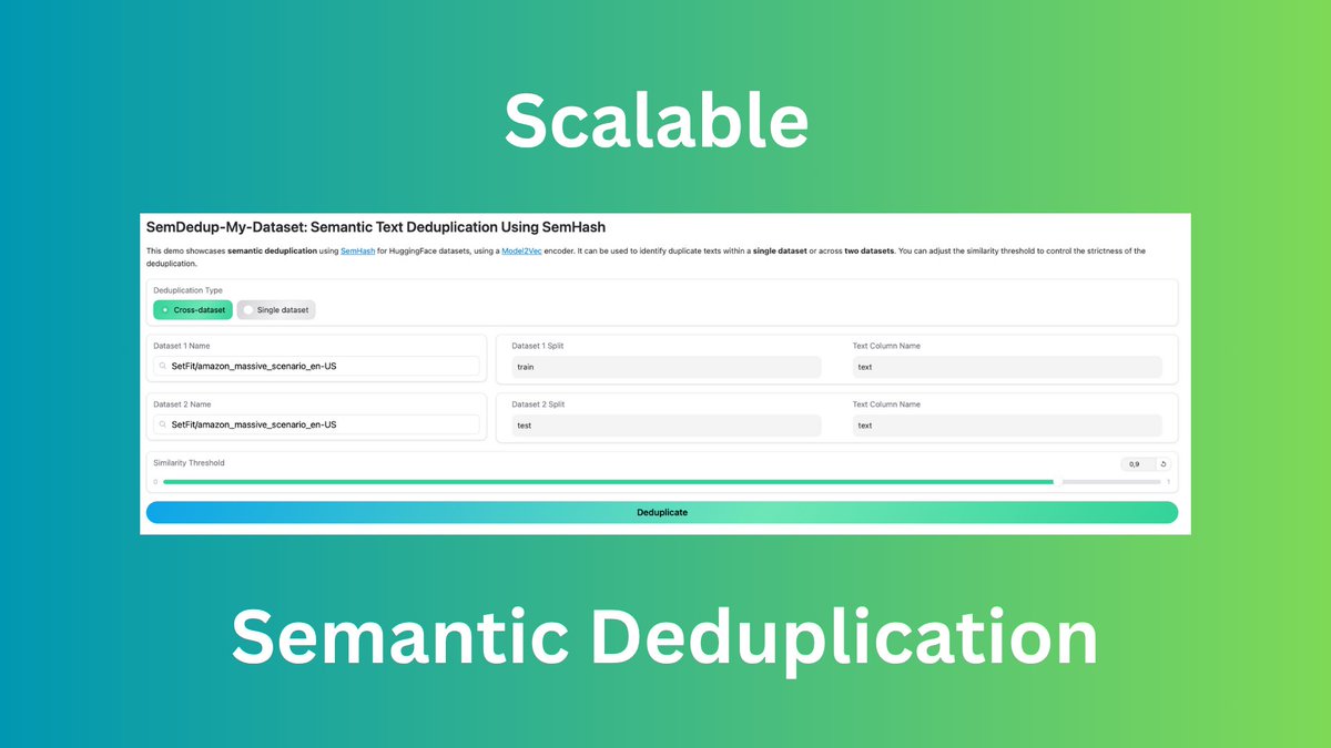 Do not sleep on deduplication! Use this FREE app for semantic deduplication of multiple massive datasets.

This is how it works:

- You pick one all more datasets from the Hub
- It make a semantic embedding of each row
- It remove removes near duplicates based on a threshold like