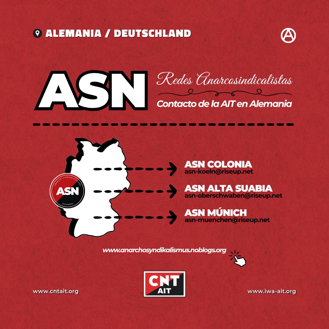 ¿Resides/trabajas en #Alemania?🔴⚫️¿Crees en la autogestión, la solidaridad, el apoyo mutuo y tienes ganas de organizarte entre iguales? ¿Problemas en la empresa o con tu jefe?

¡Únete a la Red Anarcosindicalista ASN! Contacto oficial de la AIT en Alemania instagram.com/p/DKb2JtysGTA/