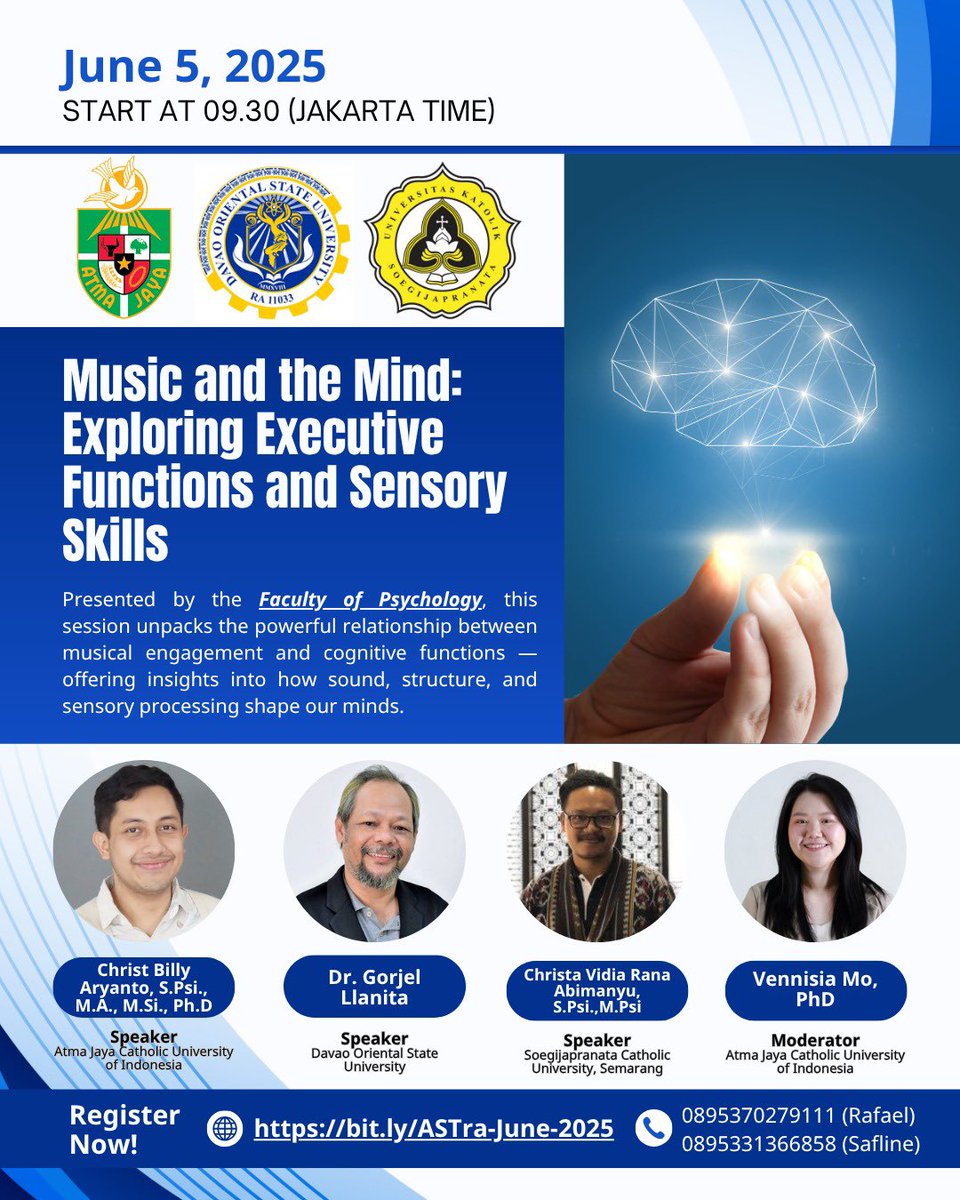 I will discuss my research here!

🎵 Music and the Mind: Exploring Executive Functions and Sensory Skills
🗓 June 5, 2025 | 🕘 09.30 (Jakarta Time)
📍 Via Zoom

🔗 Register now: bit.ly/ASTra-June-2025
📩 E-certificate available | 🗣 Held in English | 🌐 Open to public