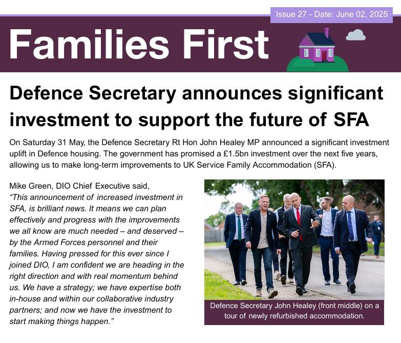 Issue 27, June edition of the Families First newsletter from DIO is now available
To view online please visit the Defence Homes website  defencehomes.mod.gov.uk/families-first/
#armyhiveinfo #armedforces #Military