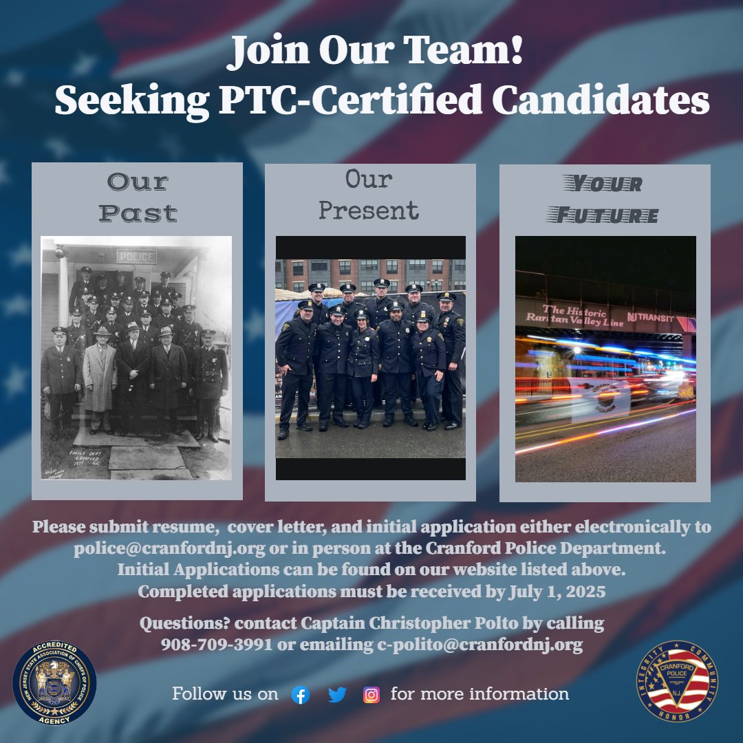 We are hiring!

Please submit resume and initial application either electronically to police@cranfordnj.org or in person at the Cranford Police Department. 

Completed applications must be received by July 1, 2025

cranfordnj.org/sites/g/files/…