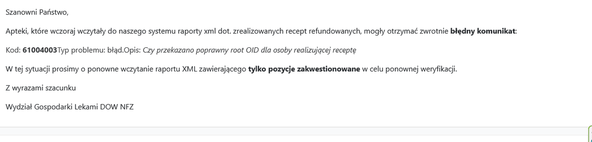Dolnośląska Izba Aptekarska (@diawroclaw) on Twitter photo Informacja DOW NFZ dla aptek sprawozdajacych dane dotyczące refundacji leków za ostatni okres rozliczeniowy:
W przypadku pojawienia się komunikatu błędu 61004003.
Szczegóły dostępne na Portalu Świadczeniodawcy.
#apteki #recepty #refundacja <a href="/MrRepelewicz/">𝑴𝒂𝒓𝒄𝒊𝒏 𝑹𝒆𝒑𝒆𝒍𝒆𝒘𝒊𝒄𝒛</a> <a href="/NFZ_Wroclaw/">Anna Szewczuk-Łebska</a> Informacja DOW NFZ dla aptek sprawozdajacych dane dotyczące refundacji leków za ostatni okres rozliczeniowy:
W przypadku pojawienia się komunikatu błędu 61004003.
Szczegóły dostępne na Portalu Świadczeniodawcy.
#apteki #recepty #refundacja <a href="/MrRepelewicz/">𝑴𝒂𝒓𝒄𝒊𝒏 𝑹𝒆𝒑𝒆𝒍𝒆𝒘𝒊𝒄𝒛</a> <a href="/NFZ_Wroclaw/">Anna Szewczuk-Łebska</a>