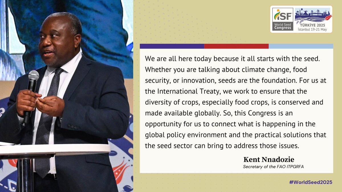 International Seed Federation (@seedfed) on Twitter photo At the #WorldSeed2025, <a href="/kentnnadozie/">Kent Nnadozie</a> (<a href="/planttreaty/">PlantTreaty</a>) highlighted the Congress as an opportunity to connect global policy with the practical solutions the seed sector brings to food security, climate resilience & innovation.
Rewatch here: bit.ly/3GQLf0u
#SeedIsLife At the #WorldSeed2025, <a href="/kentnnadozie/">Kent Nnadozie</a> (<a href="/planttreaty/">PlantTreaty</a>) highlighted the Congress as an opportunity to connect global policy with the practical solutions the seed sector brings to food security, climate resilience & innovation.
Rewatch here: bit.ly/3GQLf0u
#SeedIsLife