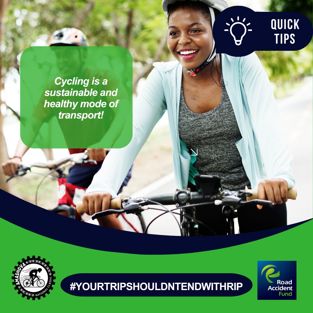 Amashova (@amashova) on Twitter photo Cycling is a sustainable and healthy mode of transport! Remember to stay safe on the roads: wear helmets, follow traffic rules and stay visible. <a href="/RAF_SA/">The Road Accident Fund</a>
#YourTripShouldntEndWithRIP Cycling is a sustainable and healthy mode of transport! Remember to stay safe on the roads: wear helmets, follow traffic rules and stay visible. <a href="/RAF_SA/">The Road Accident Fund</a>
#YourTripShouldntEndWithRIP
