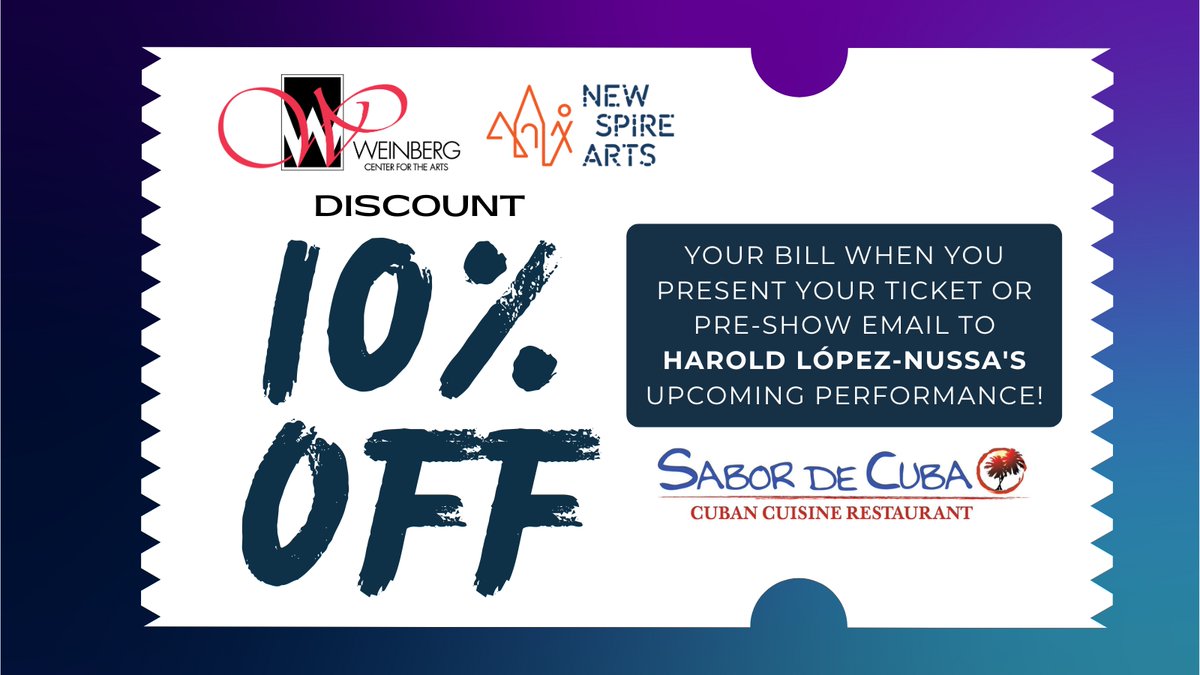 🎶 Show your ticket, get 10% off!
Sabor de Cuba is offering a discount to patrons with tickets to Harold López-Nussa’s show. 🍽️
Dine-in only. Must show ticket.
#weinbergcenter #visitfrederickmd #weinbergcenterforthearts #downtownfrederickmd #newspirearts
