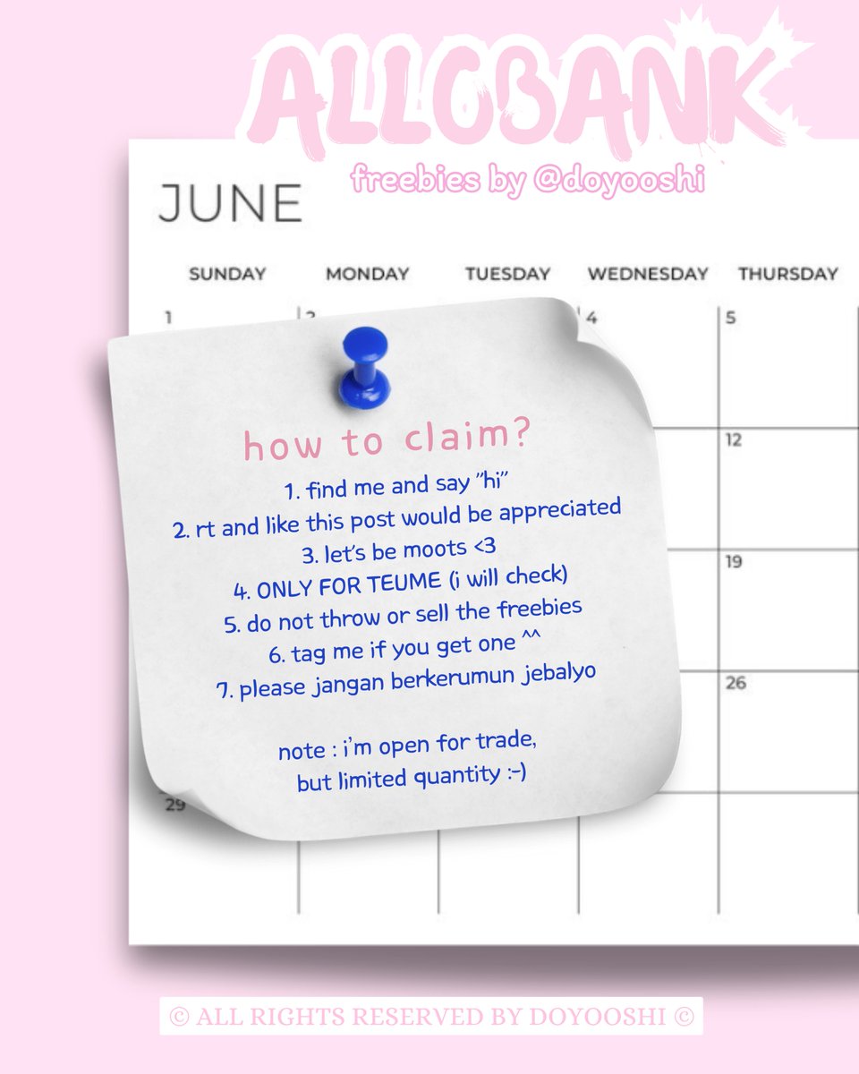doyooshi's tweet photo. FREEBIES ALLOBANK DAY 2 💭
૮₍´˶• . • ⑅ ₎ა by @doyooshi 

🎀 How to get? 
Please read the pict below <3

★ 22 Juni 2025
★ Istora Senayan
★ More info and details TBA in my account ^^

RT and Likes are much appreciated!! See you <3

#Treasure #AlloBankFestival2025 https://t.co/X5JjSSIg4r