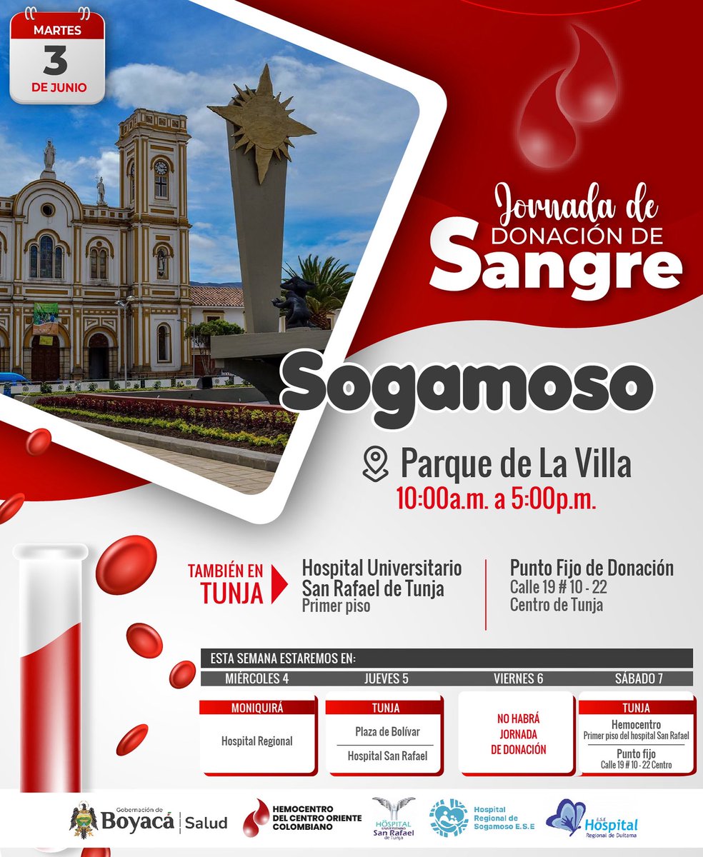 🩸Donatón en Sogamoso
📅 Martes 3 de junio 2025
📍Parque de La Villa
🕘 10:00 a.m. – 5:00 p.m.

Requisitos: +18 años, >50kg, sin diabetes/hipertensión, sin antibióticos recientes.

❤️ ¡Dona sangre, salva 3 vidas!