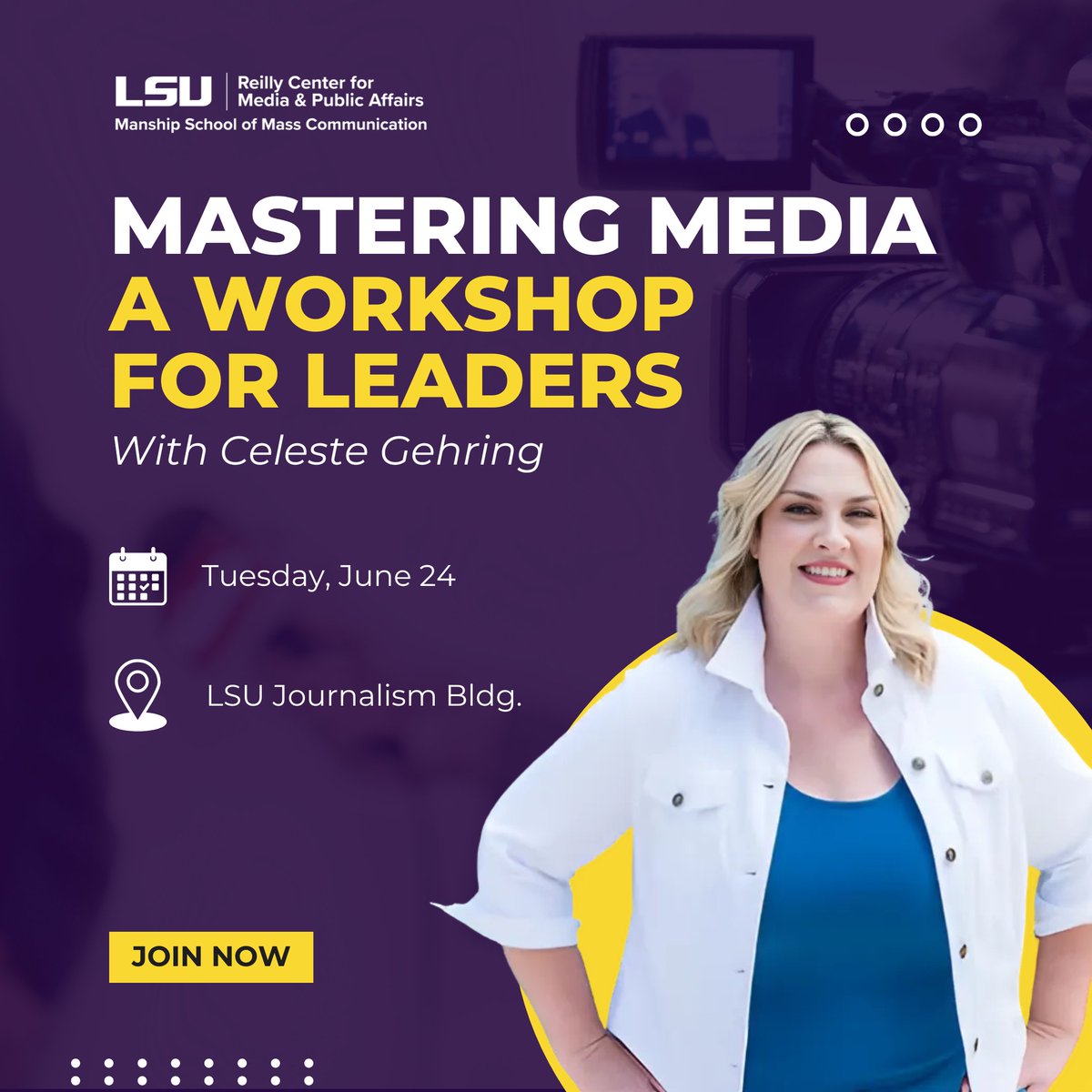 Reilly Center (@reillycenter) on Twitter photo Still a few spots left! Join us June 24 in the Journalism Bldg. for a full-day media relations training led by CNN & FOX Sports alum Celeste Gehring. Perfect for nonprofit + business leaders ready to master the mic 🎤
➡️ ow.ly/5FcX50W2EPR
<a href="/ManshipSchool/">LSU Manship School of Mass Communication</a> <a href="/celestegehring/">Celeste Gehring</a> Still a few spots left! Join us June 24 in the Journalism Bldg. for a full-day media relations training led by CNN & FOX Sports alum Celeste Gehring. Perfect for nonprofit + business leaders ready to master the mic 🎤
➡️ ow.ly/5FcX50W2EPR
<a href="/ManshipSchool/">LSU Manship School of Mass Communication</a> <a href="/celestegehring/">Celeste Gehring</a>