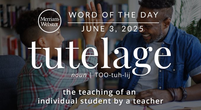 Merriam-Webster Word of the Day June 3, 2025 'tutelage' noun | TOO-tuh-lij "the teaching of an individual student by a teacher" Background Image" A tutor giving a high five to a student.