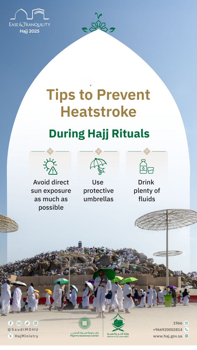 Preparing well for Hajj includes staying hydrated and wearing sun protection—both essential in minimizing fatigue and preventing heat-related illness.

#Ease_and_Tranquility