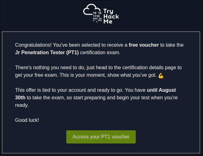 ¡Feliz de compartir que gané un voucher para el nuevo examen Jr. Penetration Tester (PT1) de <a href="/tryhackme/"></a>!

Vienen muchas horas de estudio y práctica. ¡Motivado al 100%!