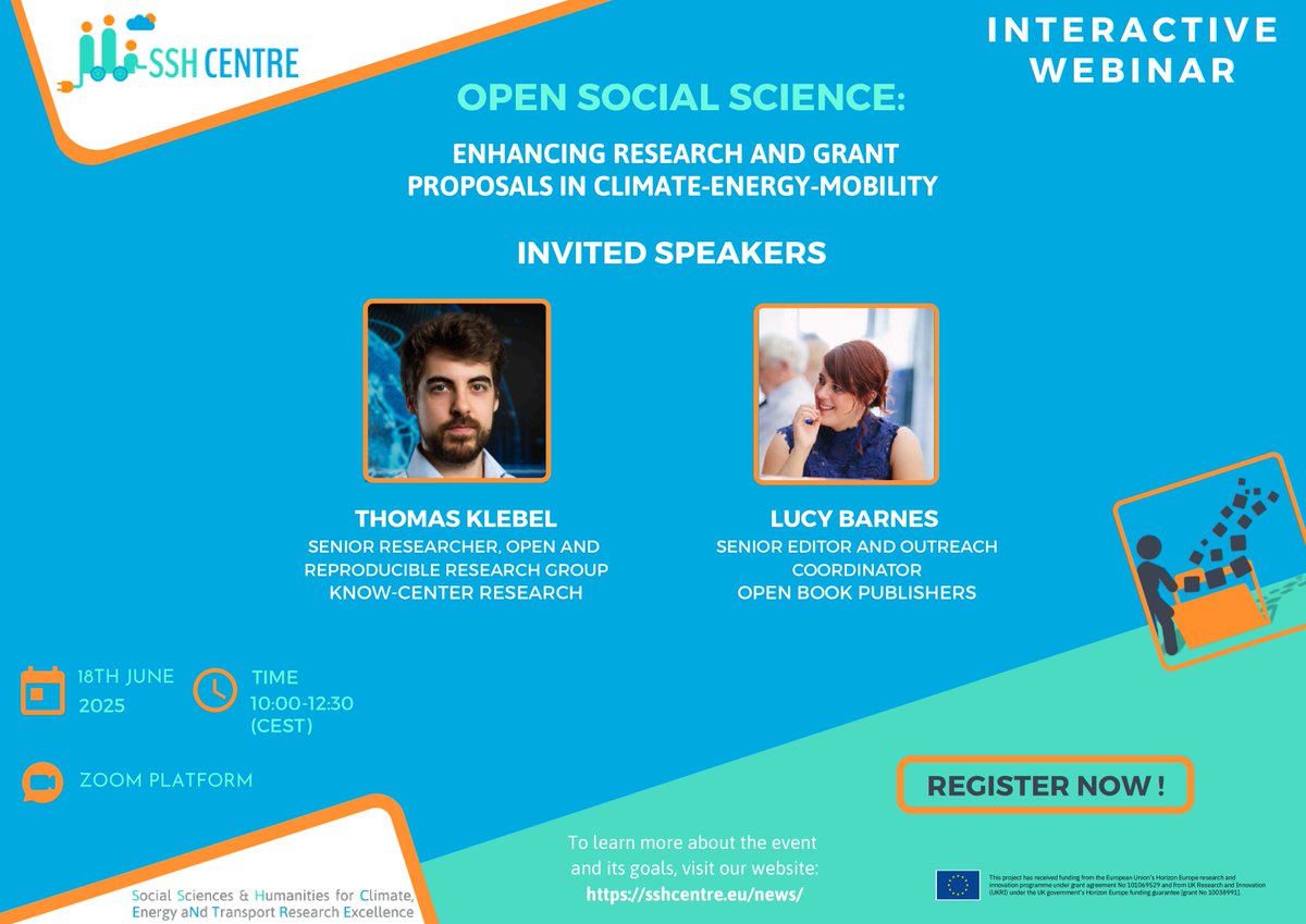 🚀Join us for an exclusive webinar on Open Social Science! 
👥 Featuring two outstanding guest speakers:
🎤 Thomas Klebel, Senior Researcher, Open and Reproducible Research Group, Know Center Research GmbH
🎤 Lucy Barnes, Senior Editor &amp; Outreach Coordinator, Open Book Publishers
