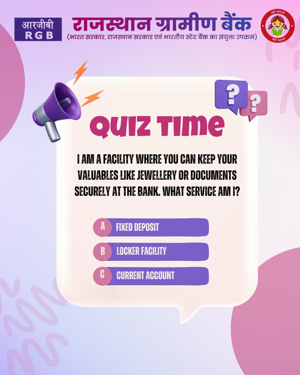 RajasthanGB's tweet image. 📷 Got your answer?

Drop it in the comments! 📷

#rajasthangraminbank
#SundayQuiz
#BankiningQuiz
#राजस्थानग्रामीणबैंक
#GraminBank
#RGB
#rgbleadingthewayinfinancialinclusion