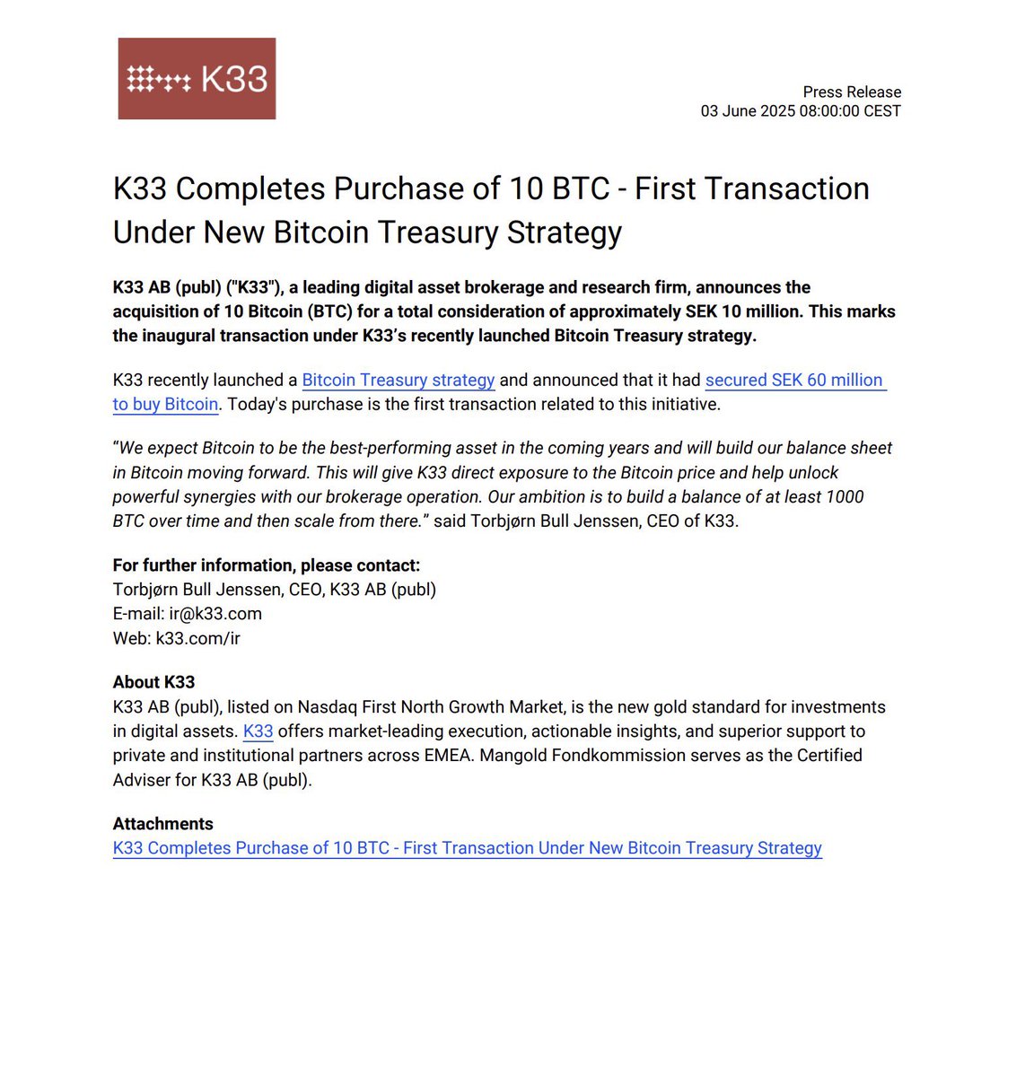 JUST IN: 🇳🇴 Publicly traded company K33 buys 10 #Bitcoin for SEK 10  million for its balance sheet.