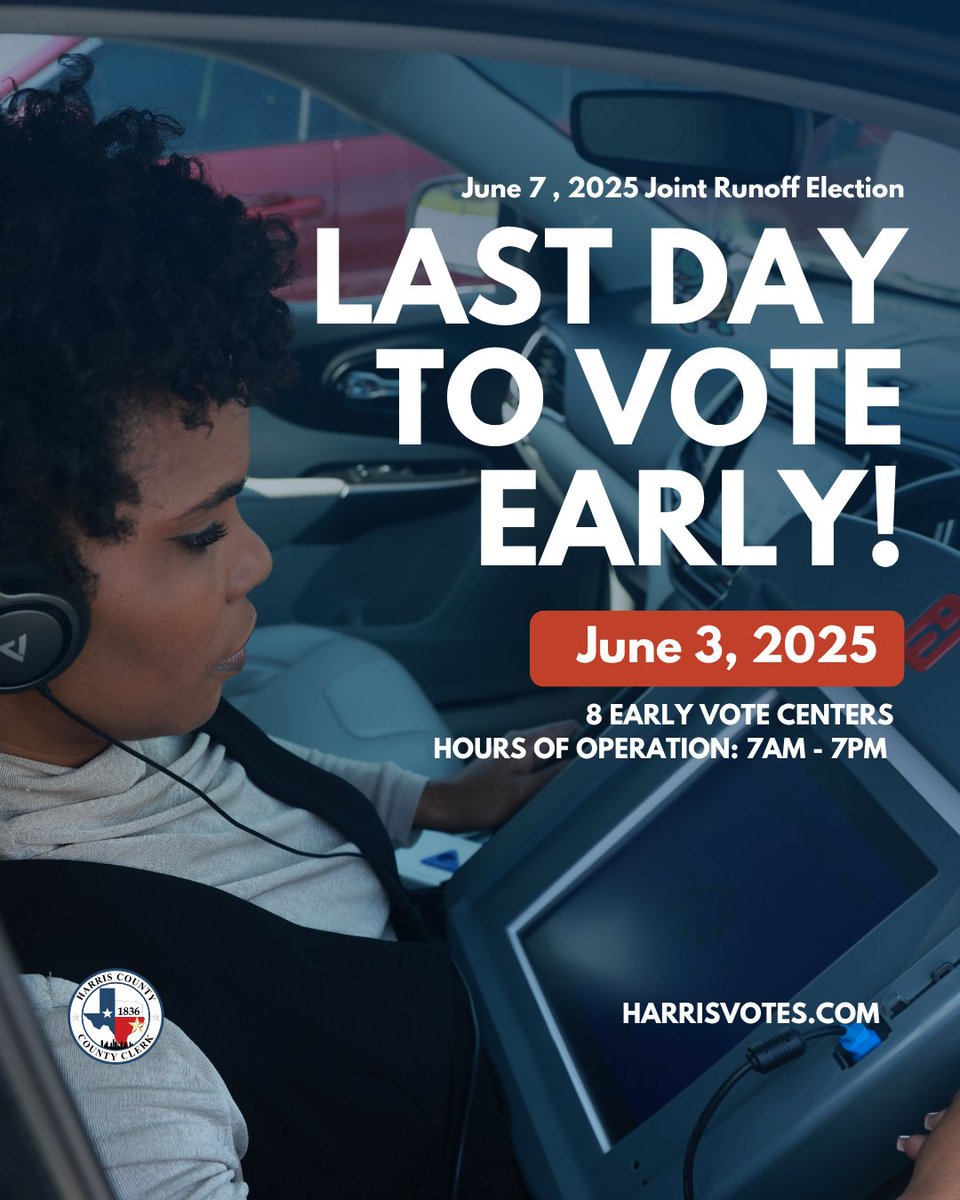 🗳️ Today is the last day to vote early in the June 7, 2025 Joint Runoff Election.
Find your nearest vote center, review your sample ballot, and make a plan today at harrisvotes.com. #HarrisVotes
