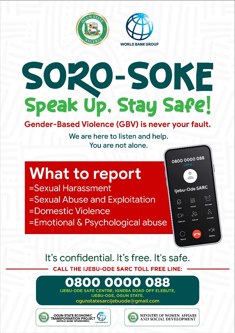 OladosuOlabisi2's tweet image. REPORT, DON’T IGNORE. HELP IS ONE CALL AWAY!

Your voice can save a life. Speak out!

📞 08000000666 | 08000000088 | 08000000055 | 08000000077 08000000099
@ogstep2020 @WBG_Nigeria @hon_motunrayo
#EndGBVOgun #OGSTEPGender #SafeCentersOgun #YellowRevolutionAgainstGBV #ENDSEA