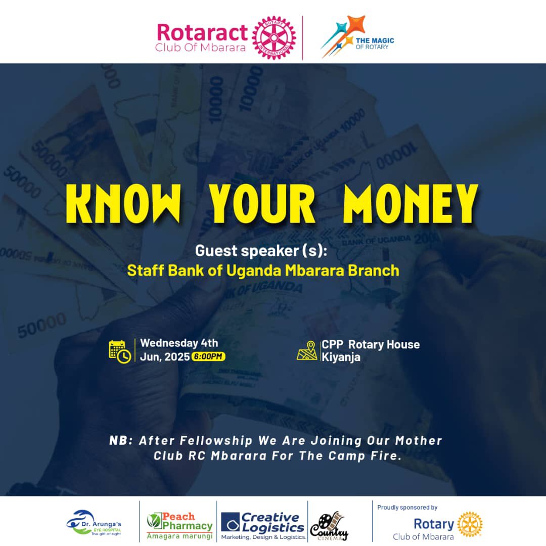RctMcbRanchers's tweet image. The Irresistible President @anktra96 invites you to a fellowship this Wednesday to learn about *KNOW YOUR MONEY* as we'll be joined by a team from @BOU_Official Mbarara Branch
Later, kimeeza will be by the lakeside as we continue with our mother club @RotaryMbarara 4 the campfire