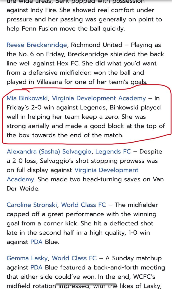 Mia Binkowski-2027 (@binkowskimia) on Twitter photo Thank you <a href="/TopDrawerSoccer/">TopDrawerSoccer</a> for the write up. I appreciate it! Looking forward to getting out to San Diego with my team.
<a href="/vda09ECNL/">VDA09ECNL</a> <a href="/vdasoccer/">Virginia DevAcademy</a> <a href="/bobbypup/">Bobby Puppione</a> <a href="/travismclark/">Travis Clark</a> <a href="/ImYouthSoccer/">ECNL/GA/Recruiting/College Soccer</a> <a href="/DMVSoccer96/">DMV Soccer</a> <a href="/ImCollegeSoccer/">College Soccer Truth β’</a> Thank you <a href="/TopDrawerSoccer/">TopDrawerSoccer</a> for the write up. I appreciate it! Looking forward to getting out to San Diego with my team.
<a href="/vda09ECNL/">VDA09ECNL</a> <a href="/vdasoccer/">Virginia DevAcademy</a> <a href="/bobbypup/">Bobby Puppione</a> <a href="/travismclark/">Travis Clark</a> <a href="/ImYouthSoccer/">ECNL/GA/Recruiting/College Soccer</a> <a href="/DMVSoccer96/">DMV Soccer</a> <a href="/ImCollegeSoccer/">College Soccer Truth β’</a>