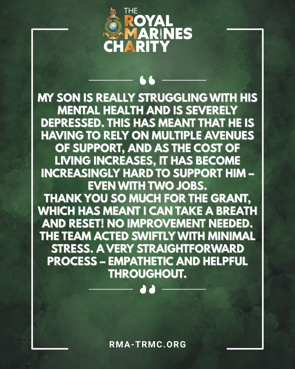At RMA – The Royal Marines Charity, we stand ready to support you.

📞 Need a listening ear?
💷 Facing financial hardship?
🏡 Struggling at home or just need a break?
Whatever you’re facing... you’re not alone. 

Visit rma-trmc.org/get-support/  for more details.

#RMA #RMfamily