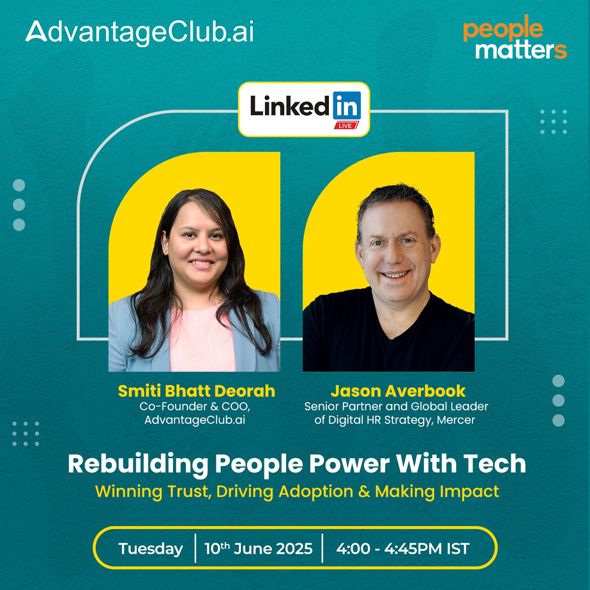 AdvantageClub.ai (@myadvantageclub) on Twitter photo This LinkedIn Live by <a href="/PeopleMatters2/">People Matters</a> brings together transformative voices in HR and EX:
ā¢ā ā Smiti Bhatt Deorah (AdvantageClub.ai)
ā¢ā ā Jason Averbook, (Mercer)
Register yourself & tune in live: linkedin.com/events/rebuildā¦
#LinkedInLive #EmployeeExperience This LinkedIn Live by <a href="/PeopleMatters2/">People Matters</a> brings together transformative voices in HR and EX:
ā¢ā ā Smiti Bhatt Deorah (AdvantageClub.ai)
ā¢ā ā Jason Averbook, (Mercer)
Register yourself & tune in live: linkedin.com/events/rebuildā¦
#LinkedInLive #EmployeeExperience
