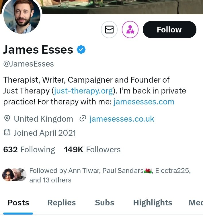 James has a specialised practice.

Just The Rapy.
Cool.
<a href="/JamesEsses/">James Esses</a>