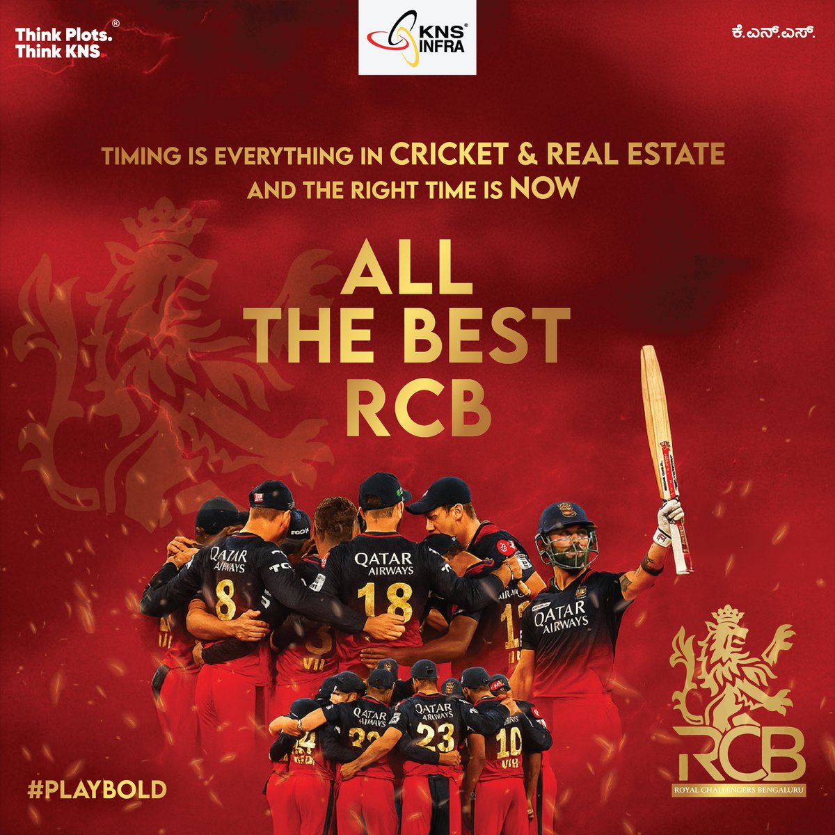 Roaring into the finals with fire and passion! All the best, RCB -  it’s time to #PlayBold and bring the trophy home.

#RCB #RCBvsPBKS #rcbforever #ipl #ipl2025 #finals #allthebest #KNSInfra