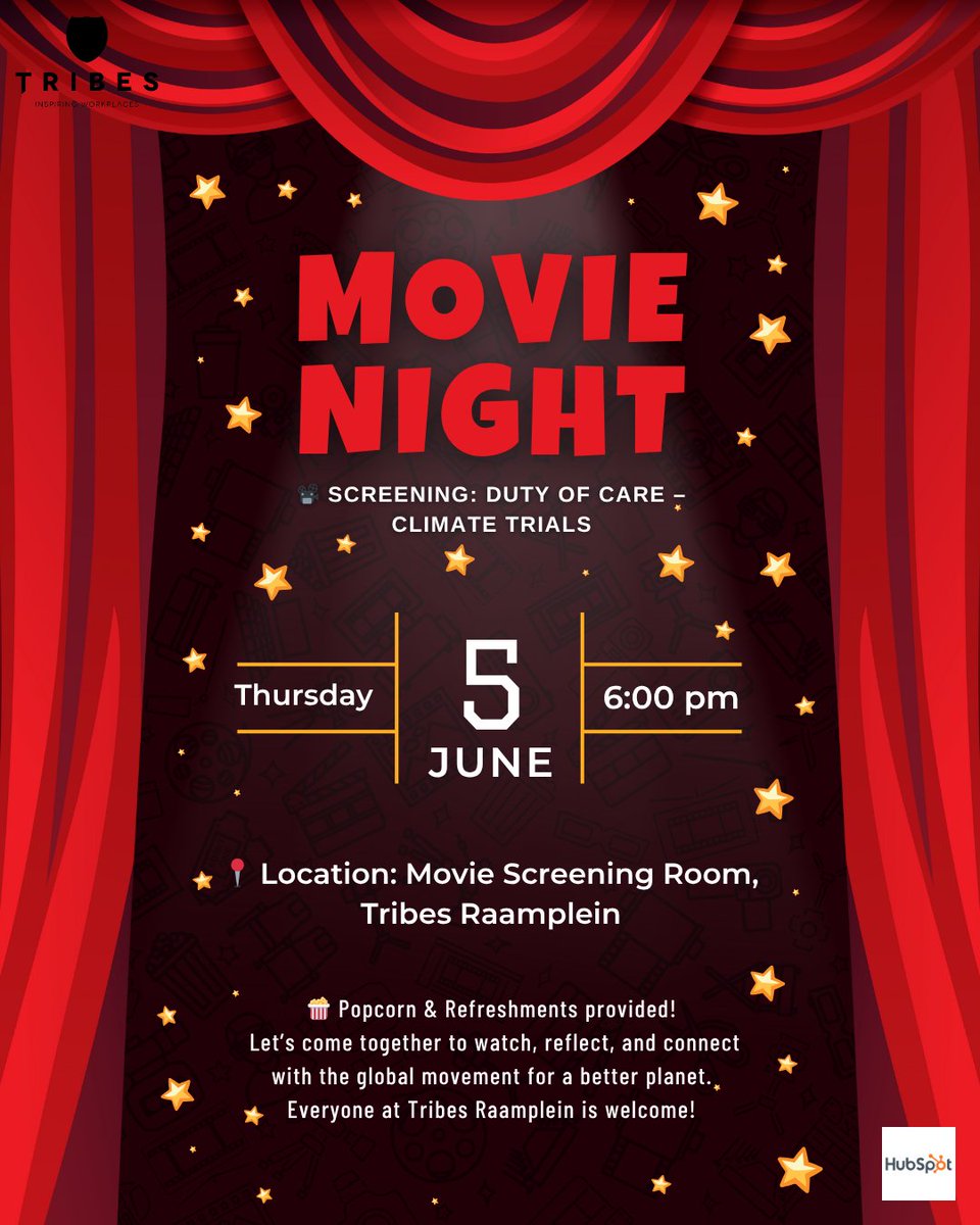 🎬 Movie Night at Tribes Raamplein!
Join us this Thursday, June 5 at 6 PM for a screening of Duty of Care – Climate Trials, hosted by <a href="/HubSpot/">HubSpot</a> as part of their #WaveOfImpact 
📍 Movie Room, Raamplein
🍿 Free popcorn &amp; drinks!
#ClimateJustice #TribesInspiringWorkplaces #HubSpot