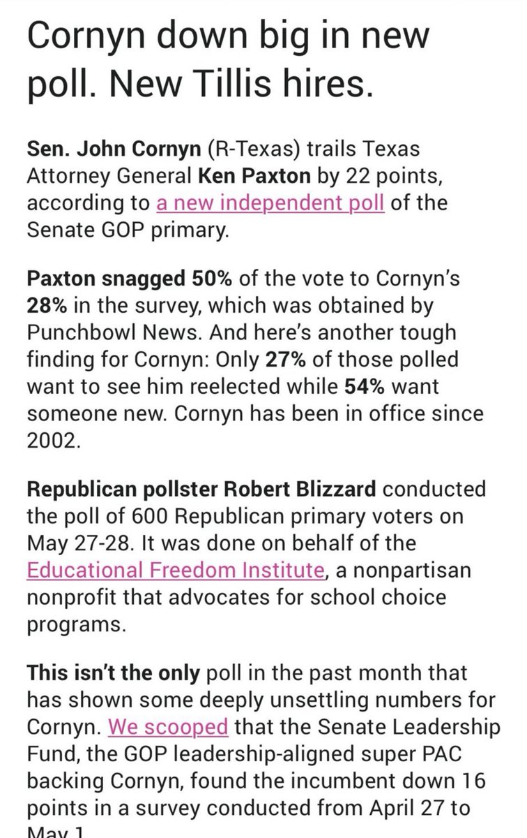 Laura Loomer (@lauraloomer) on Twitter photo BLOW OUT POLL!
A new Texas Senate primary poll shows RINO Senator John Cornyn <a href="/JohnCornyn/">Senator John Cornyn</a> down by 22 points in the primary race with Ken Paxton <a href="/KenPaxtonTX/">Attorney General Ken Paxton</a>.
Paxton - 50%
Cornyn - 28%
Every week, Cornyn continues to drop in the polls! Definitely a race to watch! 👀 BLOW OUT POLL!
A new Texas Senate primary poll shows RINO Senator John Cornyn <a href="/JohnCornyn/">Senator John Cornyn</a> down by 22 points in the primary race with Ken Paxton <a href="/KenPaxtonTX/">Attorney General Ken Paxton</a>.
Paxton - 50%
Cornyn - 28%
Every week, Cornyn continues to drop in the polls! Definitely a race to watch! 👀