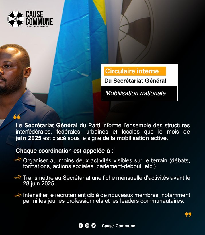 CAUSE COMMUNE Officiel (@cause_commune23) on Twitter photo Extrait du tout premier numéro du bulletin hebdomadaire "Cause Commune cette semaine":
Découvrez l’essentiel de la circulaire interne du Secrétariat général, centrée sur la mobilisation nationale.
<a href="/ChadrackngiamaN/">Chadrack NGIAMA</a>
#La_Comm+✨ Extrait du tout premier numéro du bulletin hebdomadaire "Cause Commune cette semaine":
Découvrez l’essentiel de la circulaire interne du Secrétariat général, centrée sur la mobilisation nationale.
<a href="/ChadrackngiamaN/">Chadrack NGIAMA</a>
#La_Comm+✨