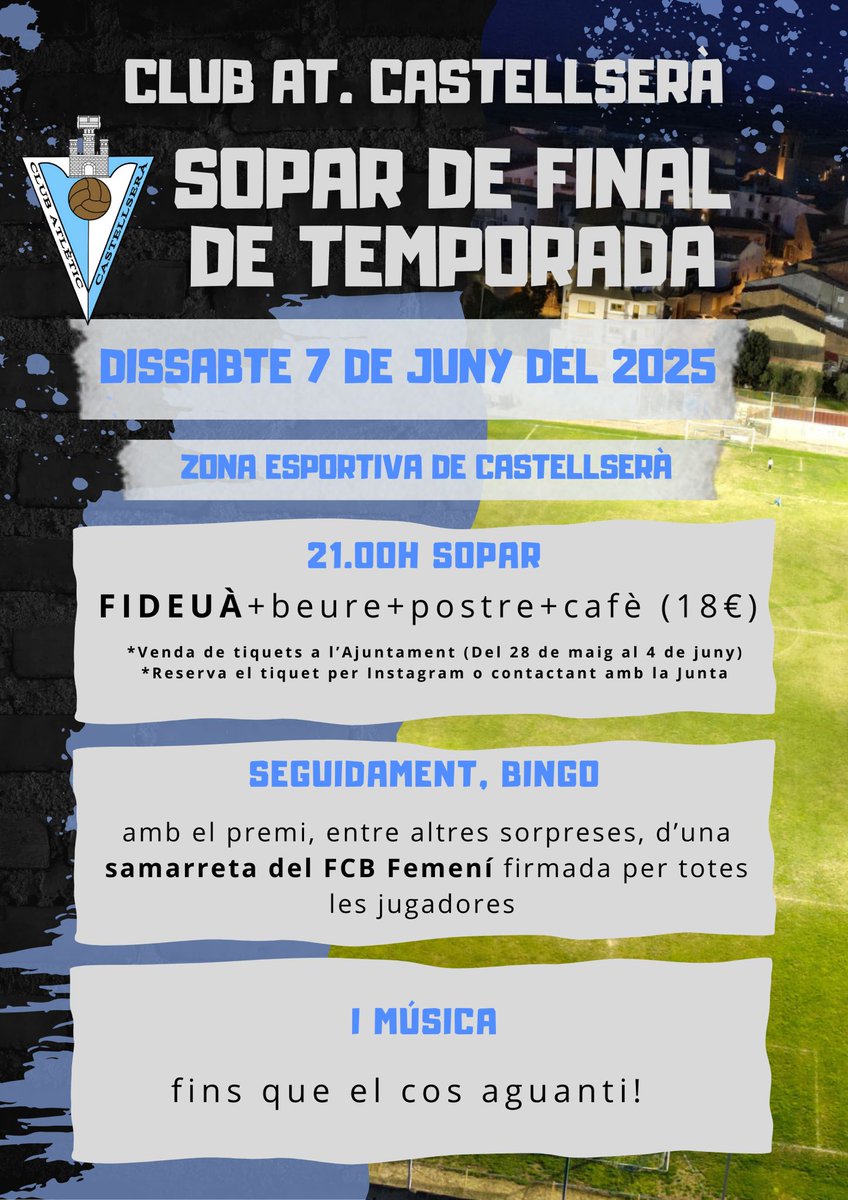 Dissabte sopar de cloenda de temporada al poliesportiu!
Mou-te i apunta't a l'Ajuntament o contactant amb el Club!
Us esperem!🥳🥳🥳🥳🥳