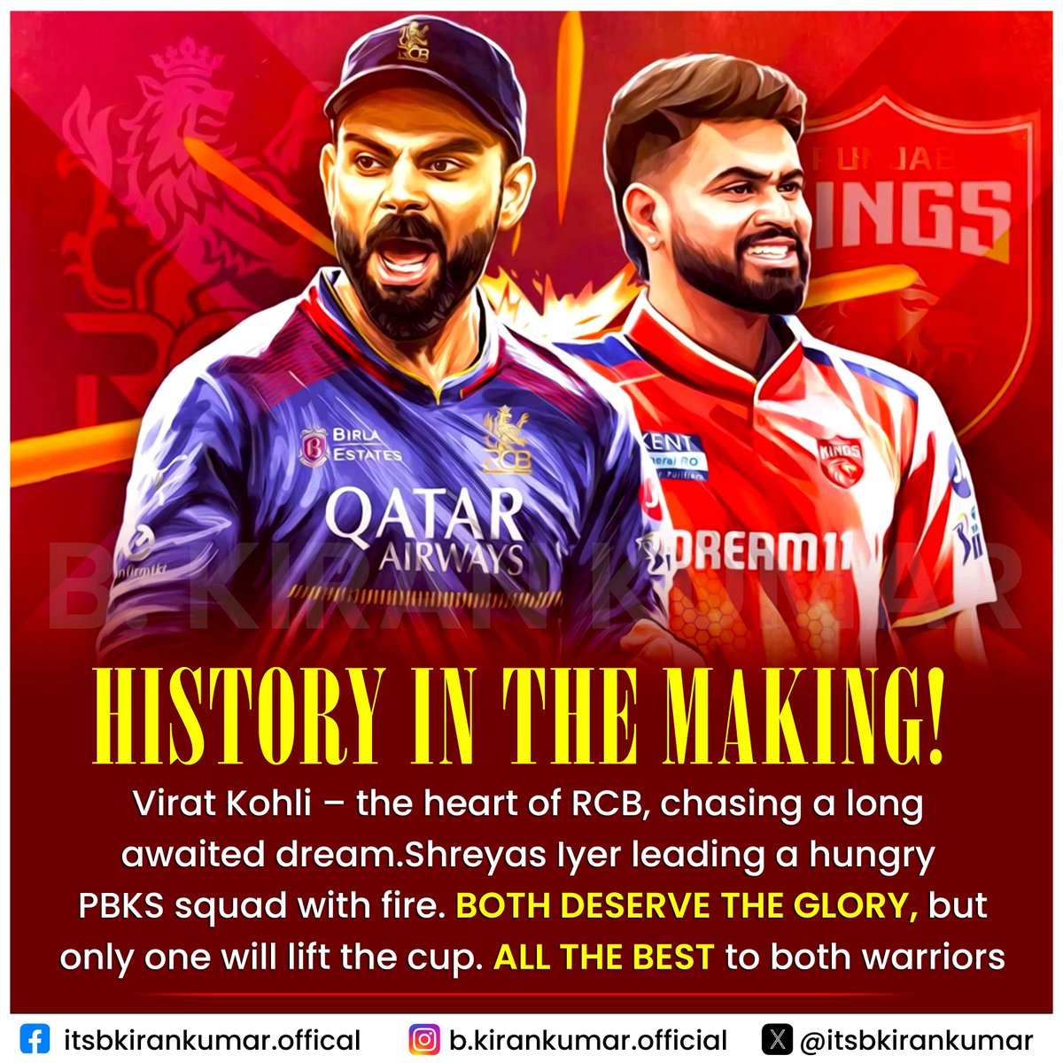 itsbkirankumar's tweet photo. It looks like you're hyped for the IPL final between Royal Challengers Bengaluru (RCB) and Punjab Kings (PBKS)! Virat Kohli and Shreyas Iyer are indeed two of the most talented players in the league. Here are some possible hashtags for your post  #IPLFinal #RCBvsPBKS #ViratKohli https://t.co/hIU57IL8EQ