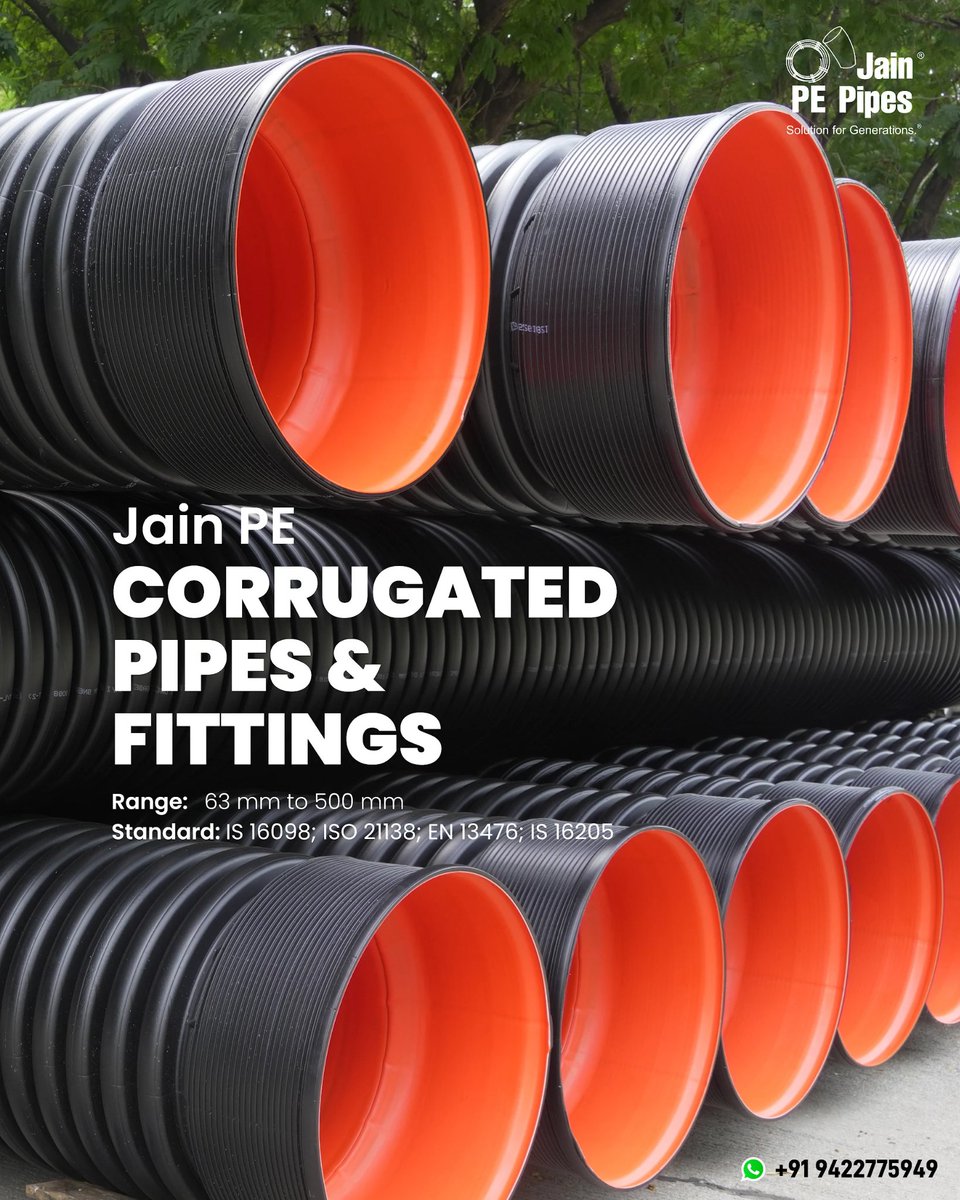 🌪️ Strong on the Outside. Smart on the Inside. 🌧️
Jain PE Corrugated Pipes &amp; Fittings – Built to brave pressure, handle flow, and last through it all.

✅ Flexible.
✅ Durable.
✅ Drainage-ready.

For roads, rain, and real performance – trust the corrugated power of Jain.