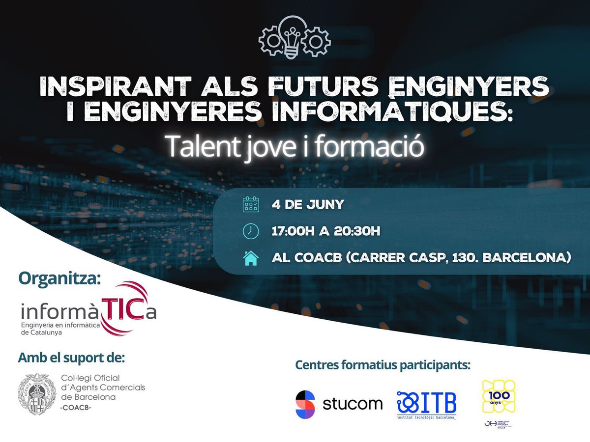 ‼️📣  Ens veiem DEMÀ 4 de juny al <a href="/coacbcn/">COACB</a>?👀

Inspirant als futurs enginyers i enginyeres informàtiques🎓

🕢 De 17h a 20:30h

Organitzat pel <a href="/COEINF/">COEINF</a>, amb el suport del <a href="/coacbcn/">COACB</a>.

Participen: <a href="/STUCOM/">Centre Estudis Stucom</a>, <a href="/iTecBcn/">Institut Tecnològic de Barcelona</a>, <a href="/InsJaumeHuguet/">Institut Jaume Huguet</a>🤝

🔗 Més info: enginyeriainformatica.cat/inspirant-als-…