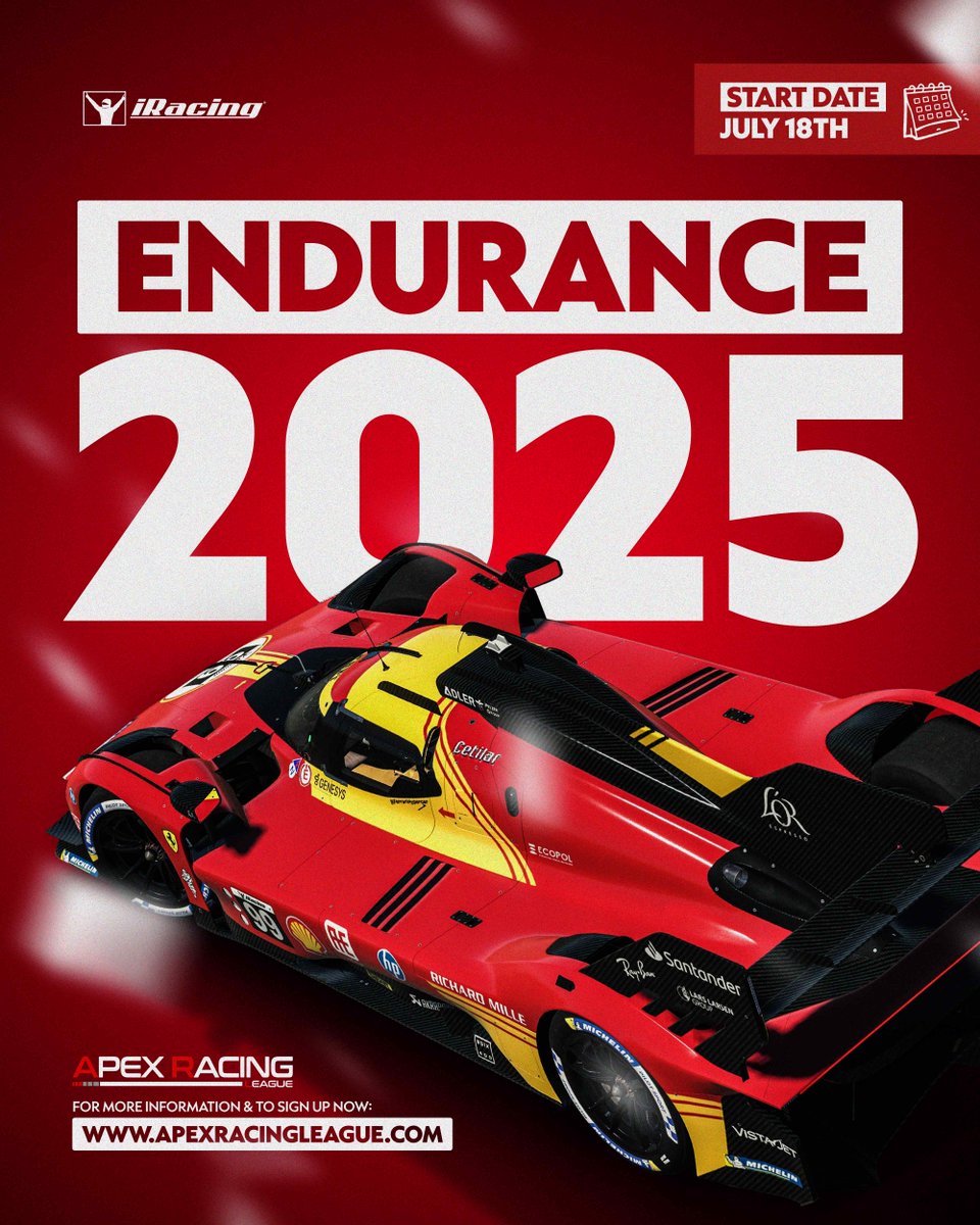 📢 GTP, LMP2 and GTD classes are set to visit some of the world's most iconic circuits in six 3 hour events in ARL Endurance 2025, starting on Friday the 18th of July.

🔗 Register now on our website: apexracingleague.com/announcing-arl…

#simracing #iracing