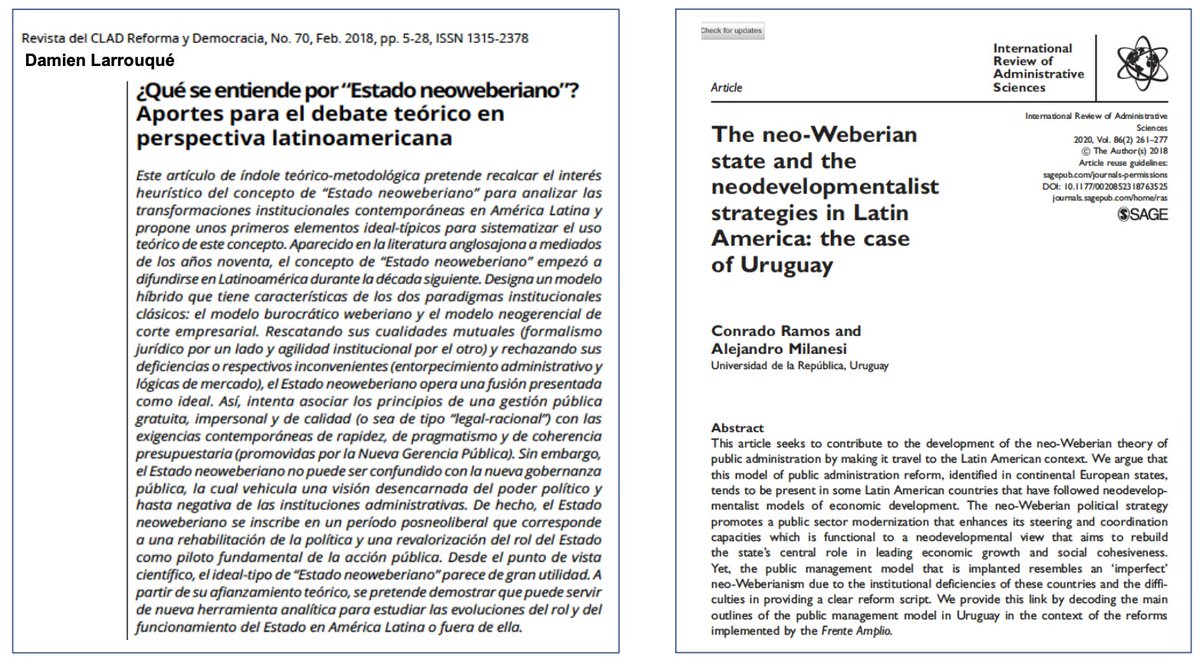 El concepto de Estado neoweberiano es de gran utilidad en el estudio de la administración pública y estos dos trabajos explican el concepto y lo aplican en América Latina.

Descarga de Larrouqué: biblat.unam.mx/hevila/Revista…

Descarga de Ramos y Milanesi: journals.sagepub.com/doi/full/10.11…