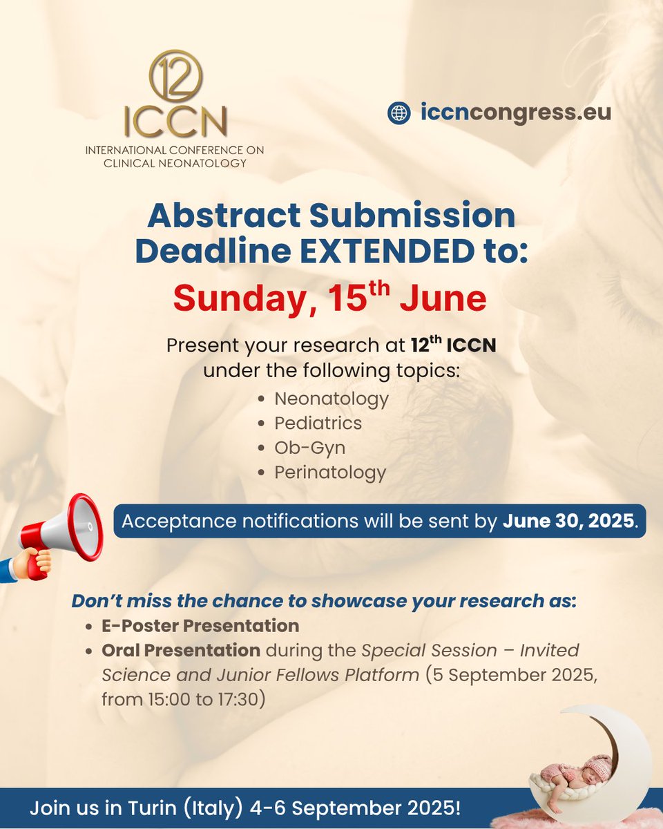 ICCN_Congress's tweet image. Great news for researchers and clinicians in the field of #Neonatology — the abstract submission deadline for #ICCN2025 has been extended to Sunday, 15th June!
Submit here✅: bit.ly/ICCN-ABSTRACT
#neotwitter #NeonatologyConference #neonatal #newborn #infants #babies