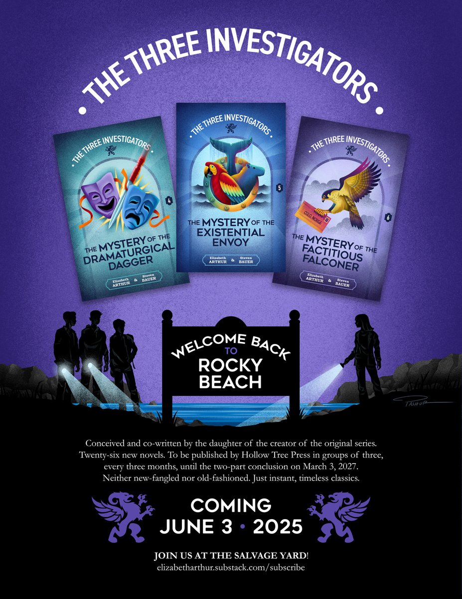 RockyBeach2019's tweet photo. It's publication day! The Mystery of the Dramaturgical Dagger, The Mystery of the Existential Envoy, and The Mystery of the Factitious Falconer are now available on Amazon and Barnes & Noble as paperbacks, hardcovers and e-books. I think you’re going to like these three. They mark the movement of the books into the series proper.

The first three books needed to establish the setting, tone, and backstory of the new series, (as well as the backgrounds and personalities of all the major characters), but at the start of The Mystery of the Dramaturgical Dagger we’re off and running, with a story in which the reader is kept guessing about who the villain is until the very end. The Mystery of the Existential Envoy is a real ocean-going adventure, and by the end of The Mystery of the Factitious Falconer, Jupiter has started to catch up with Pete and Bob in appreciating Mallory’s strengths and talents.

A link to the series page on Amazon is in the replies. And Chapter 1 of The Mystery of the Dramaturgical Dagger is posted on my Substack.