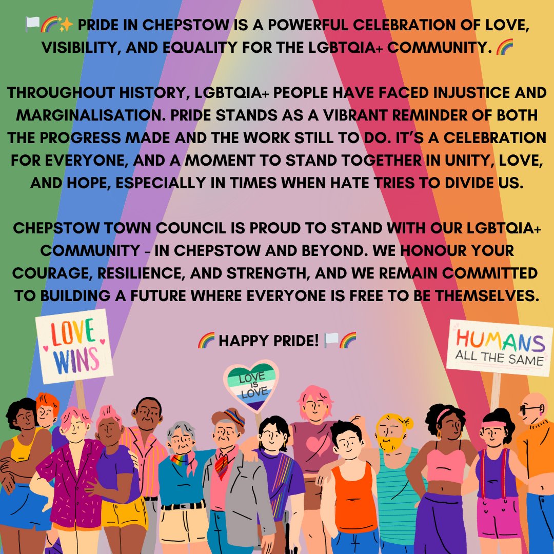 ChepstowTC's tweet image. 🏳️🌈✨ Chepstow Town Council is proud to stand with our LGBTQIA+ community - in Chepstow and beyond. We honour your courage, resilience, and strength, and we remain committed to building a future where everyone is free to be themselves.
🌈 Happy Pride! 🏳️🌈